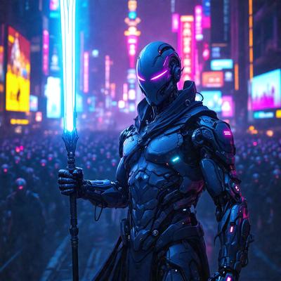 The primary subject of the image is a futuristic robot with a blue light-up sword, standing in a city with a crowd of people around it. The robot appears to be the main focus of the scene. The setting is a city street with various buildings and signs in the background. The visual style is a combination of digital art and illustration, creating a vivid and detailed image. The colors and mood of the image are predominantly dark and futuristic, with the blue light-up sword adding a touch of brightness to the scene.